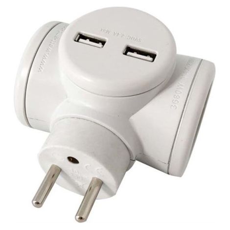 Multiprise rotative 16A avec 2 prises et 2 ports USB 2,4A – Rotation 180° – Puissance 3680W – Pour espaces restreints – Watt & Co (1/7)