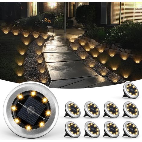 Lot de 10 lampes solaires encastrées au sol rondes, lumière chaude, cadre acier inoxydable, diamètre 7 cm (1/5)