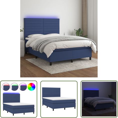 The Living Store Sommier à lattes de lit et matelas et LED Bleu 140x200 cm Tissu - Lit Plateforme - Lit Avec Led - Lit Design - Lit Moderne - Lit Double (1/5)