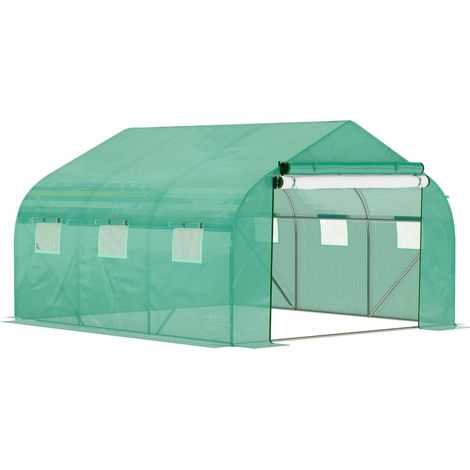 Walk-in Polytunnel Garden Greenhouse, Outdoor Mesh Door Greenhouse with PE Cover and 6 Windows, 3.5 x 3 x 2m, Green