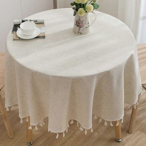 Nappe ronde en lin et coton lavable, infroissable, à franges et anti-poussière, idéale pour la cuisine, les pique-niques et la salle à manger. (1/5)