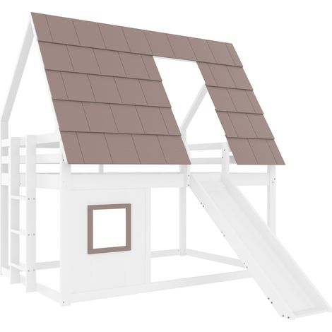 Etagenbett-Hausbett 140 x 200 cm aus MDF und Kiefer, weiß/braun, mit Dach, Leiter und Rutsche (1/5)