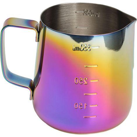 Pichet à lait inox 350ml coloré avec échelle pour mousse à café, idéal pour latte et cappuccino, design à guirlande.