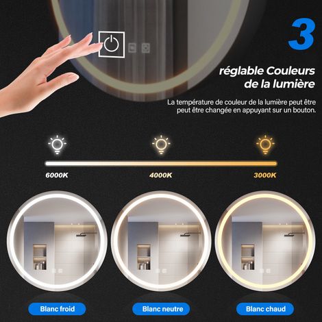 SIRHONA Armoire de toilette ronde à LED avec prise rasoir désembuage 3 modes d'éclairage 600x600mm Armoire murale de salle de bain — vue 4