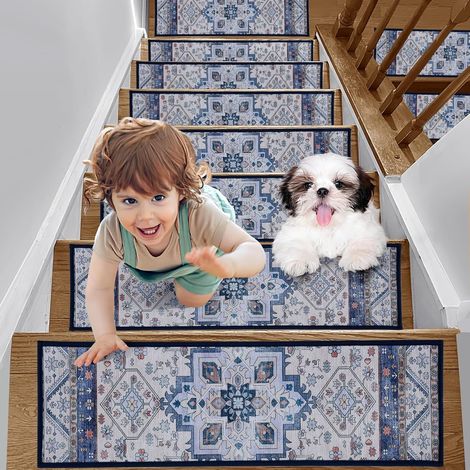Tapis Escalier Marche Lot 15 Antidérapant Surface Adhésif 20 x 65cm pour Enfants Chiens (Fleur Bleu) (1/5)