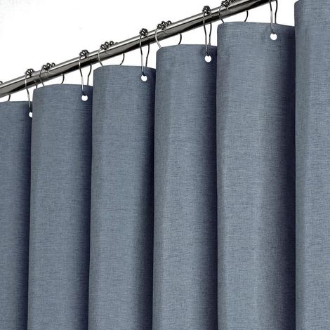 Cortina de ducha de poliéster texturizado, resistente, con 12 ganchos de plástico, impermeable y decorativa, 180 x 200 cm, azul grisáceo (1/4)