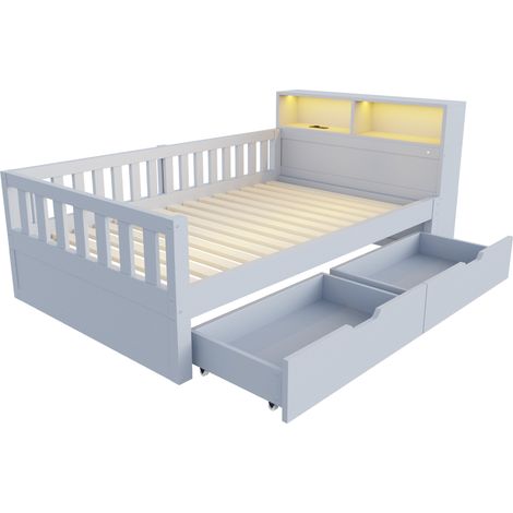 Letto multifunzionale in legno 90 x 200 cm grigio con cassetti, LED e prese (1/5)