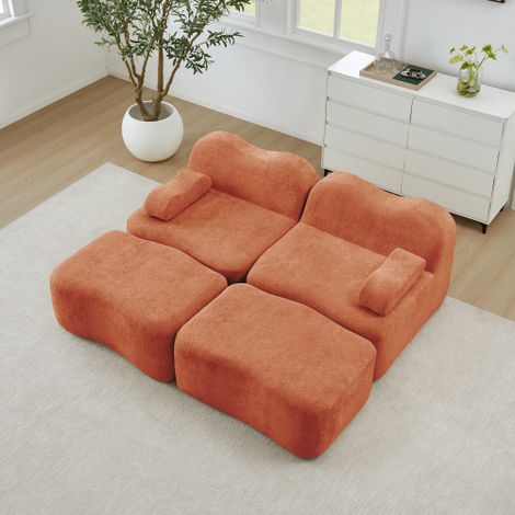 Canapé modulable 2 places sans armature orange + 2 poufs, mousse haute densité 32D, coussins d'accoudoirs mobiles, base antidérapante, pour salon et appartement (1/5)