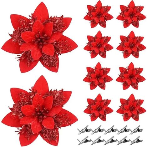 Poinsettia artificielles à paillettes avec clips pour décoration de Noël (rouge) (1/5)