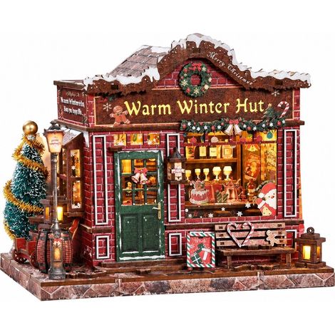 Kit de maison miniature à monter soi-même, maquette d'étagère en bois, chalet d'hiver chaleureux, scène de Noël enneigée (1/5)