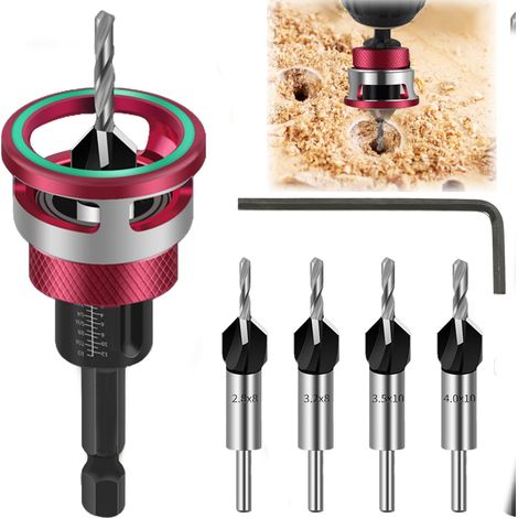 Anfasbohrer-Set, Holzfräser mit einstellbarem Tiefenanschlag, Aluminium mit 1/4"-Sechskantschaft, HSS-M2, Senkkopfbohrer für die Holzbearbeitung