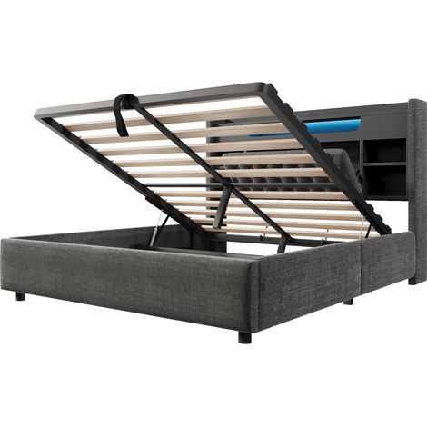 Cama con canapé tapizada 160 x 200 cm con LED, USB/USB-C y almacenaje en cabecero, gris (1/5)
