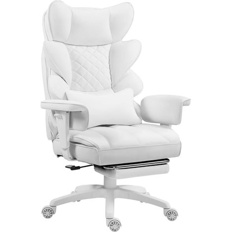 Gaming-Stuhl, ergonomischer Bürostuhl mit Taschenfederkern, Chefsessel mit doppellagiger, weicher Rückenlehne, verstellbarer Lendenwirbelstütze, Armlehnen und Fußstütze, PC-Stuhl, PU, Weiß