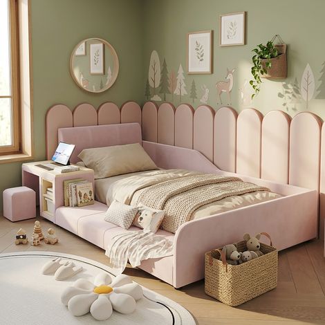 Cama infantil 90x200, cama individual con escritorio y taburete, cama tapizada en rosa con somier, sin colchón (1/5)