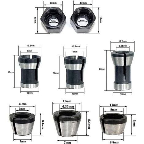 6Pcs Mandrin de Fraiseuse, 6 mm 6.35 mm 8 mm Collet Mandrin Affleureuse,Adaptateurs de Pince pour Machine à Graver +2 Écrous (1/5)