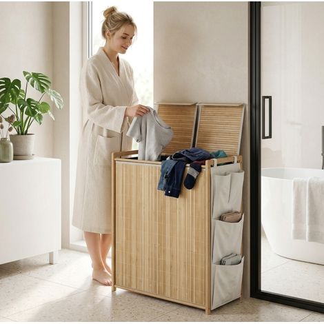 Cesto de ropa de bambú 120 L con tapa, bolsas con cordón y bolsillos laterales OKMYHOME (1/5)