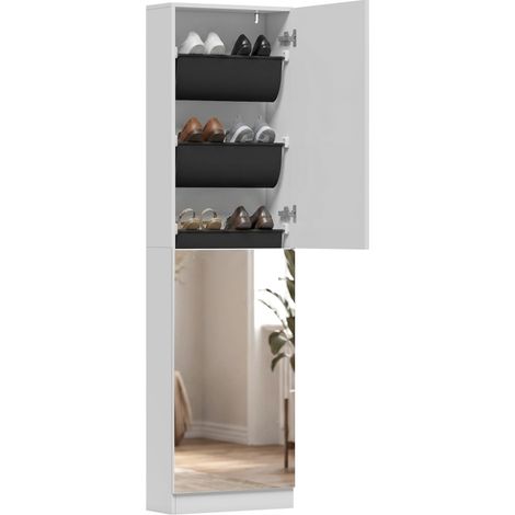 Armoire à chaussures blanche avec miroir, 5 niveaux pour 12 paires, portes à fermeture douce, dimensions 50x20x180 cm. (1/5)