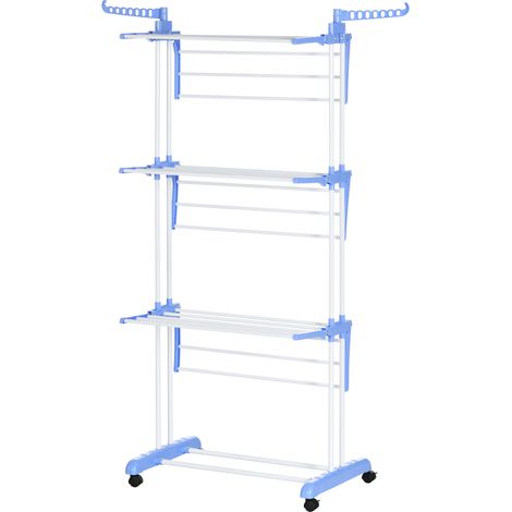 Séchoir étendoir à linge sur roulette pliable ailes latérales intérieure et extérieure 73 x 64 x 177 cm bleu argent (1/5)