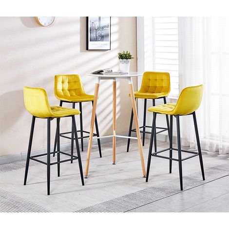 Hobag – Lot de 4 tabourets de bar en velours jaune – Hauteur d'assise 70 cm – Pieds en métal – Design moderne pour séjour (1/3)
