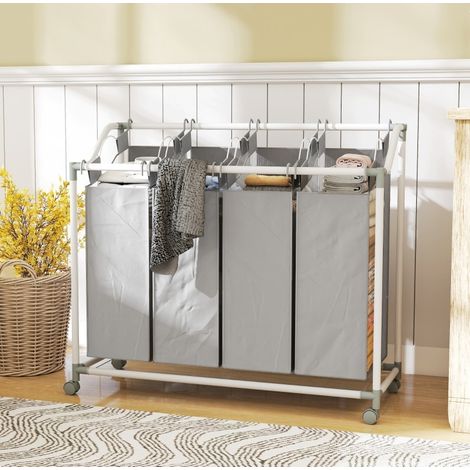 Panier à linge 97x38x81 cm gris en métal avec 4 sacs amovibles et roulettes (1/5)