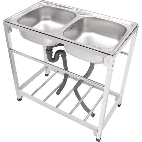 Lavello da esterno, lavello in acciaio inox a doppia vasca, lavello da cucina indipendente per ristoranti commerciali con rubinetto caldo e freddo per lavanderia, garage, bar/caffetteria