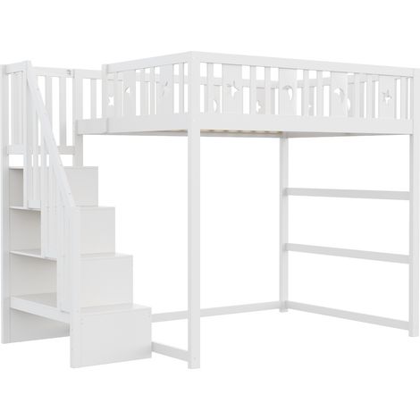 Cama alta (253x145x171 cm), con escalera, estanterías integradas, zona inferior de descanso, madera maciza, blanco (1/5)