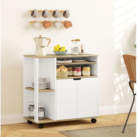 Chariot de cuisine roulant avec rangement, armoire et étagères réglables, blanc et bois (1/5)