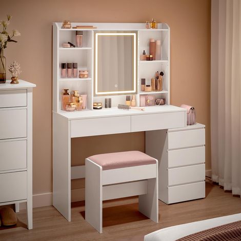 Coiffeuse avec Miroir et Tabouret, LED 3 Luminosités Réglables, Table de Maquillage, Tiroirs, Compartiments Ouverts, Étagères Réglables, Moderne, Blanc Nuage (1/5)