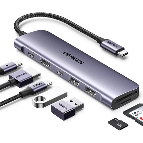 Adaptateur hub 6 en 1 USB-C - HDMI USB-A USB-C PD Lecteur SD/TF - gris