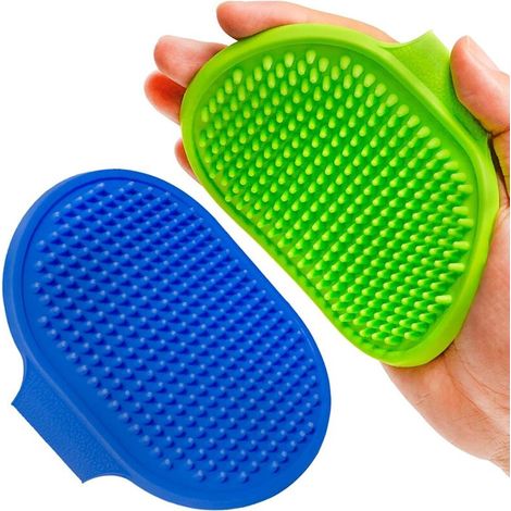 2 Pices Brosse de toilettage pour chien, shampoing pour animaux de compagnie, brosse de bain, massage apaisant, peigne en caoutchouc avec poignée en anneau réglable(bleu+vert)