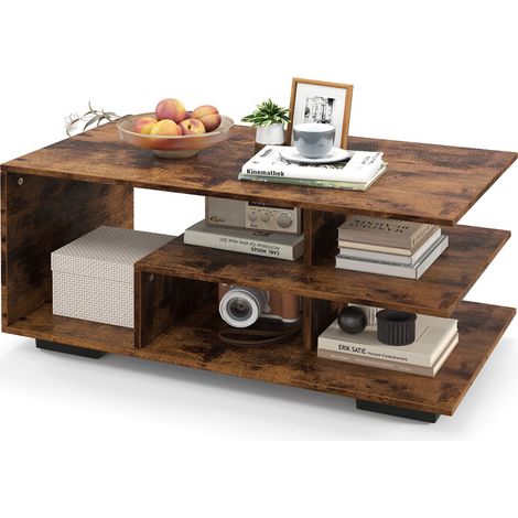 Table basse rectangulaire avec étagère centrale en forme de L - marron (1/5)