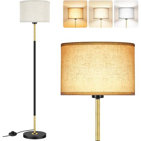 Floor Lamp Living Room 3 Colour Temperatures Black Gold 9W E27 Light Bulb Foot Switch LED Reading Lamp Shade Linen Vintage Style Bedroom Office (1/5)