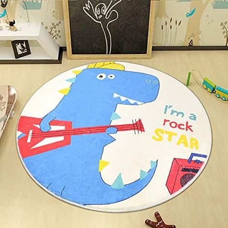 Tapis de chambre d'enfant rond de 80 cm avec motif dinosaure, tapis mignon pour chambre de garçon, antidérapant, tapis de jeu pour bébé, tapis de sol mignon à motifs de dinosaures pour salon, bleu (1/5)