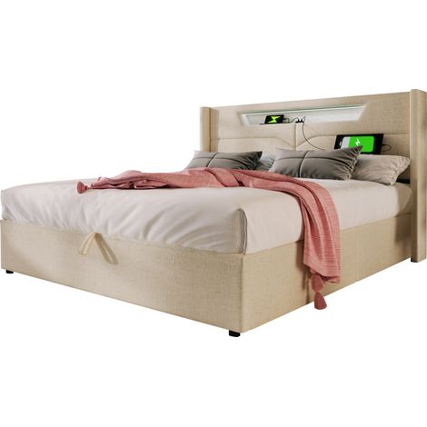 Letto Contenitore Letto Matrimoniale 140 × 200 cm con USB, Tipo C e LED Regolabile, con Materasso, Lino, Beige (1/5)