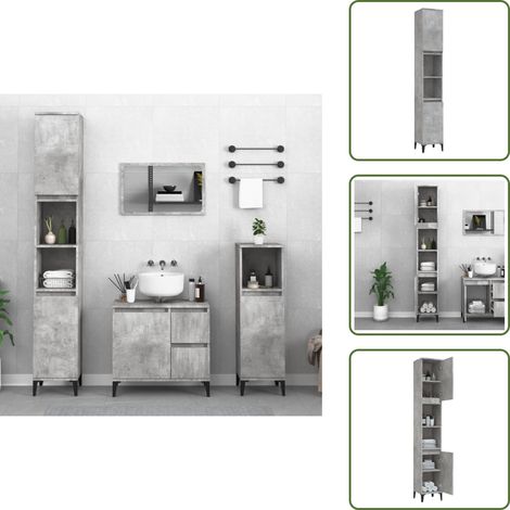 The Living Store Armoire de salle de bain gris béton 30x30x190 cm - Meuble De Salle De Bain - Armoire De Salle De Bain - Rangement Salle De Bain - Commode Salle De Bain - Armoire Grise