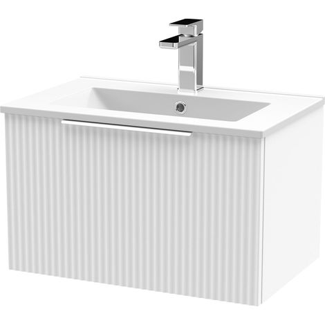 Tixall Fluted 1 Drawer Wall Hung Vanity Unit with Minimalist Basin, Satin White, 600mm