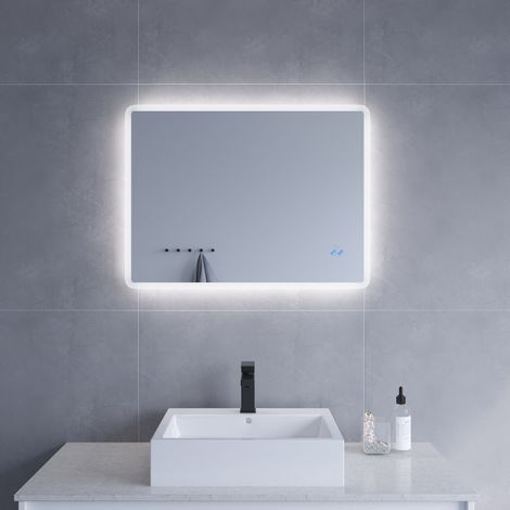 Badspiegel mit Beleuchtung LED 80x60 cm Wandspiegel Touch Schalter Lichtspiegel Badezimmerspiegel Kaltweiß 6400K, Dimmbar, Antibeschlag, Energiesparend, horizontal oder vertikal aufhängen (1/5)