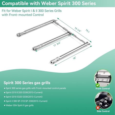 Edelstahlbrenner 69787, 15 1/4 Zoll, für Weber Spirit 300 Serie, Spirit E310, S310, E320, S320, E330, S330 (mit vorderen Knöpfen) für Weber Spirit II/LX 310, Grillersatzteile (1/4)