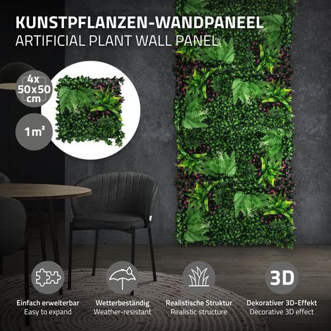 ECD Germany Künstliche Pflanzenwand Paneele Indoor Outdoor 4er Set 50x50 cm Kunstpflanzen Wandpaneele Blumenwand Sichtschutz Wandpflanzen Deko, wetterfest, pflegeleicht & langlebig, Grün, Jungle Fern