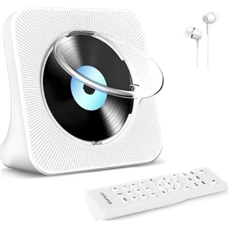 Lecteur CD Bluetooth avec Haut-Parleurs HiFi Intégrés, Lecteur Audio CD avec Télécommande, Radio FM, Prise Casque, Fonction d'arrêt Programmé, Compatible avec Les Interfaces AUX/USB, Couleur Blanche.