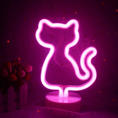 MINKUROW Kokosnussbaum-Neonlicht mit LED-Basis, Neon-Palme, USB-/Batterielicht, Dekoration, Nachtlicht, Schlafzimmerdekoration, Ladendesign, Urlaub, Sommer, Strand, Feier, Partyzubehör (rosa Katze) [E (1/5)