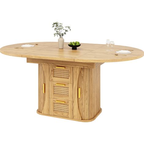 CHICFURN Mesa de comedor extensible con almacenaje, 118-158 cm, MDF en madera clara, cajones efecto resina trenzada, patas y estructura metálicas, para cocina y salón (1/5)