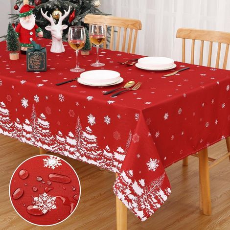 Weihnachts-Tischdecke wasserabweisend abwaschbar 137x137cm rot mit Schneeflockenmuster