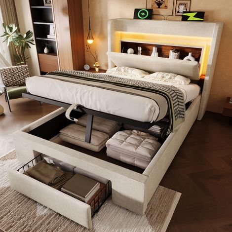 Bettgestell 90x200 cm Beige aus Leinen, mit Matratze, LED-Beleuchtung, USB- und USB-C-Anschluss, Stauraum (1/5)