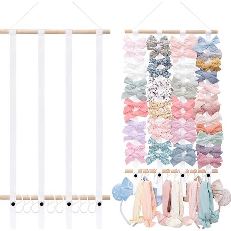 Support Pour Barrettes - Bar En Bois Avec Ruban Coton - 8 Crochets - Pour Chambre D'Enfant Ou Décoration Murale - 1 Pièce (1/5)