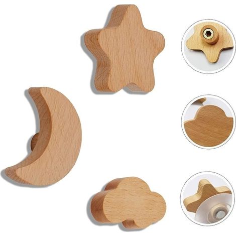 Lot de 3 crochets muraux en bois adhésifs pour vêtements, patères décoratives à visser, porte-manteaux pour enfants, décoration murale en bois naturel (1/4)