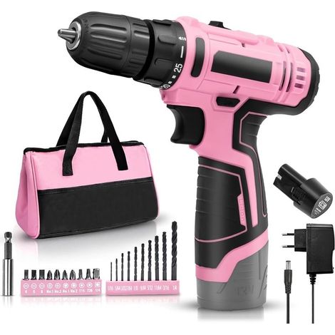 Tournevis électrique 12V rose Tournevis sans fil avec coffret d'outils Coffret d'outils complet, 1400 tr/min, 21 forets, pour le bricolage et l'entretien de la maison (1 batteries) (1/5)