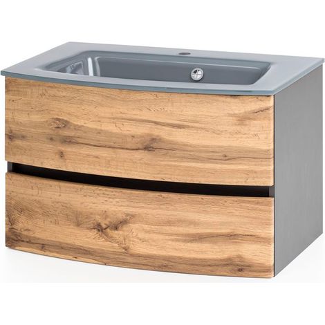 Badezimmer Waschtisch 80 cm Wotaneiche Nb. LAURIA-03 inkl. Glaswaschbecken grau, BxHxT: ca. 80x53x49 cm (1/5)