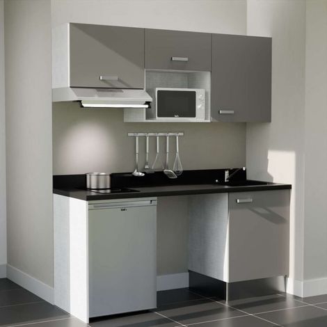 Kitchenette K55L - 180 cm - plan monobloc évier intégré Nero- évier à droite - Façades Gris + Electroménager inclus coloris Inox