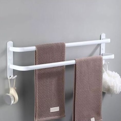 Porte-serviettes mural blanc à 2 niveaux, barre porte-serviettes de 61 cm, porte-serviettes en aluminium avec 2 crochets, pour salle de bain, hôtel, cuisine (1/5)